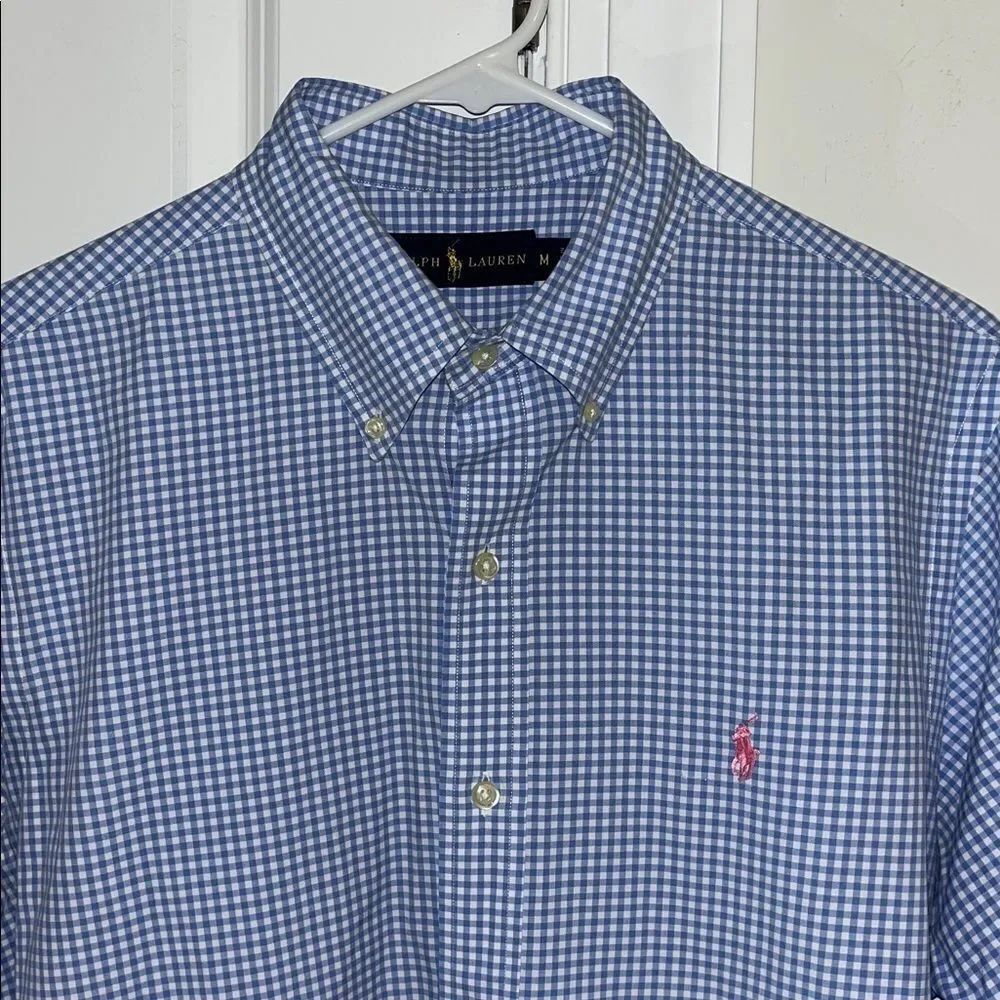 Polo Ralph Lauren Blue Gingham Checked Plaid Pink pony LS cotton shirt M Classic
